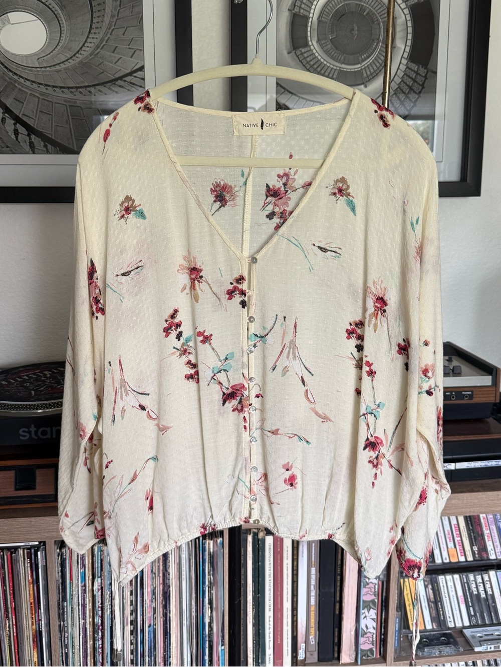 Native chic Cream Floral Button-Front Blouse with with cinch-able sleeves